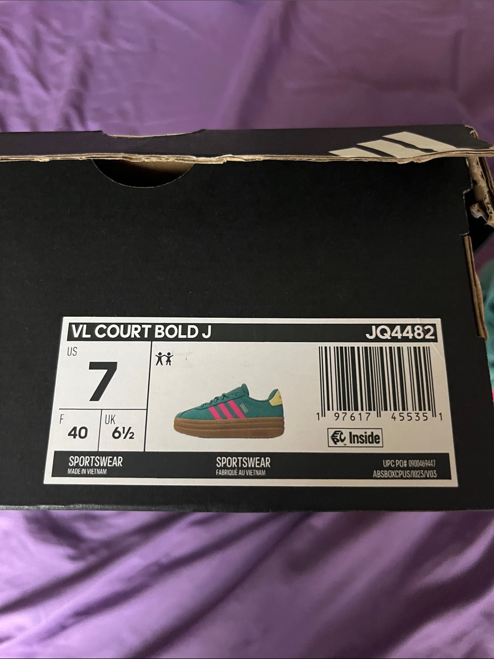 adidas VL Court Bold J Teal Suede Platform Sneakers with Pink Stripes & Gum Sole - Picture 2 of 6